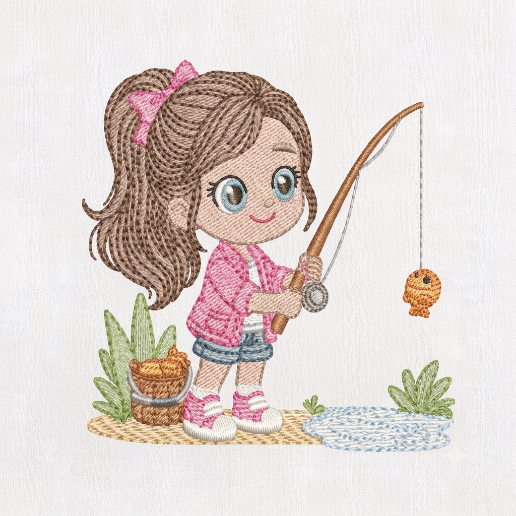 Baby girl fishing embroidery design - Fisherman girl machine embroidery pattern - Children toddler playing sun grass file - Instant download (Copy)