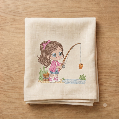 Baby girl fishing embroidery design - Fisherman girl machine embroidery pattern - Children toddler playing sun grass file - Instant download (Copy)
