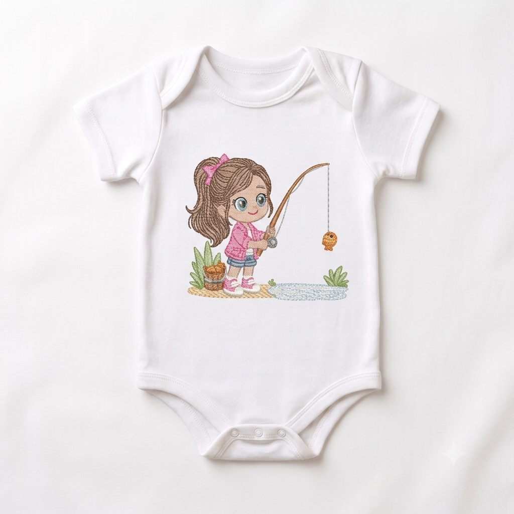 Baby girl fishing embroidery design - Fisherman girl machine embroidery pattern - Children toddler playing sun grass file - Instant download (Copy)