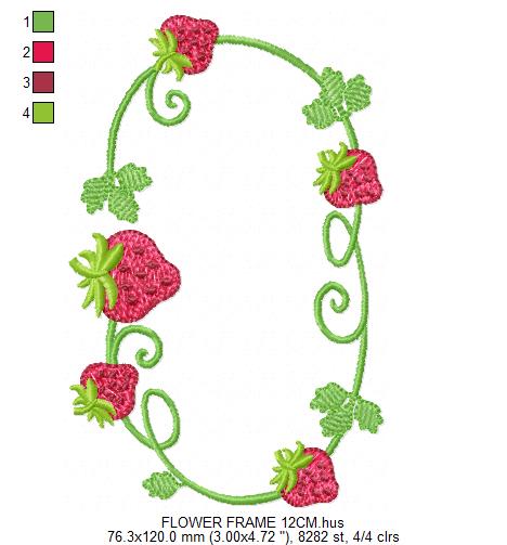 Strawberry Monogram Frame embroidery design - Flower and Strawberry Wreath machine embroidery pattern - Floral Kitchen Towel - Instant digital download pes jef dst