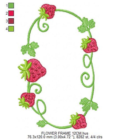 Strawberry Monogram Frame embroidery design - Flower and Strawberry Wreath machine embroidery pattern - Floral Kitchen Towel - Instant digital download pes jef dst