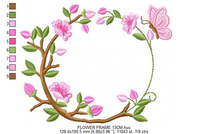 Floral Monogram frame embroidery design - Flower and Butterfly machine embroidery pattern - Floral Kitchen Towel - Instant digital download pes jef