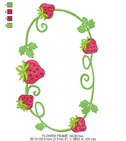 Strawberry Monogram Frame embroidery design - Flower and Strawberry Wreath machine embroidery pattern - Floral Kitchen Towel - Instant digital download pes jef dst