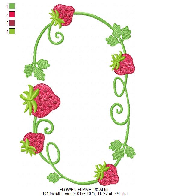 Strawberry Monogram Frame embroidery design - Flower and Strawberry Wreath machine embroidery pattern - Floral Kitchen Towel - Instant digital download pes jef dst