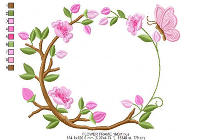 Floral Monogram frame embroidery design - Flower and Butterfly machine embroidery pattern - Floral Kitchen Towel - Instant digital download pes jef