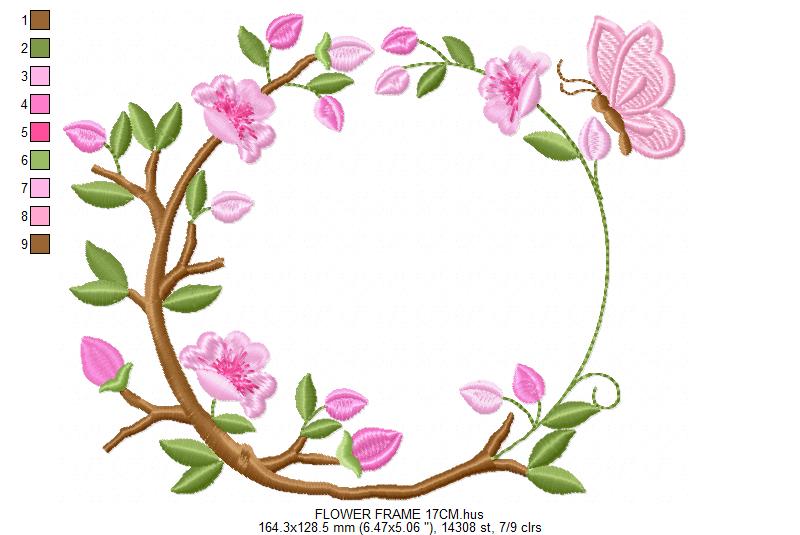 Floral Monogram frame embroidery design - Flower and Butterfly machine embroidery pattern - Floral Kitchen Towel - Instant digital download pes jef
