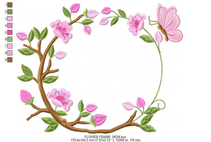Floral Monogram frame embroidery design - Flower and Butterfly machine embroidery pattern - Floral Kitchen Towel - Instant digital download pes jef