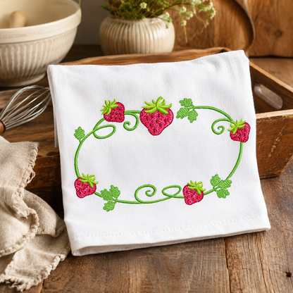 Strawberry Monogram Frame embroidery design - Flower and Strawberry Wreath machine embroidery pattern - Floral Kitchen Towel - Instant digital download pes jef dst