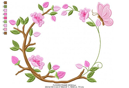 Floral Monogram frame embroidery design - Flower and Butterfly machine embroidery pattern - Floral Kitchen Towel - Instant digital download pes jef