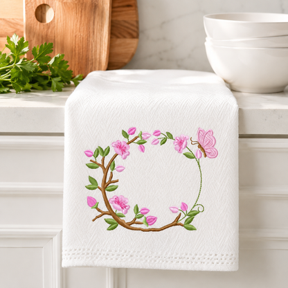 Floral Monogram frame embroidery design - Flower and Butterfly machine embroidery pattern - Floral Kitchen Towel - Instant digital download pes jef
