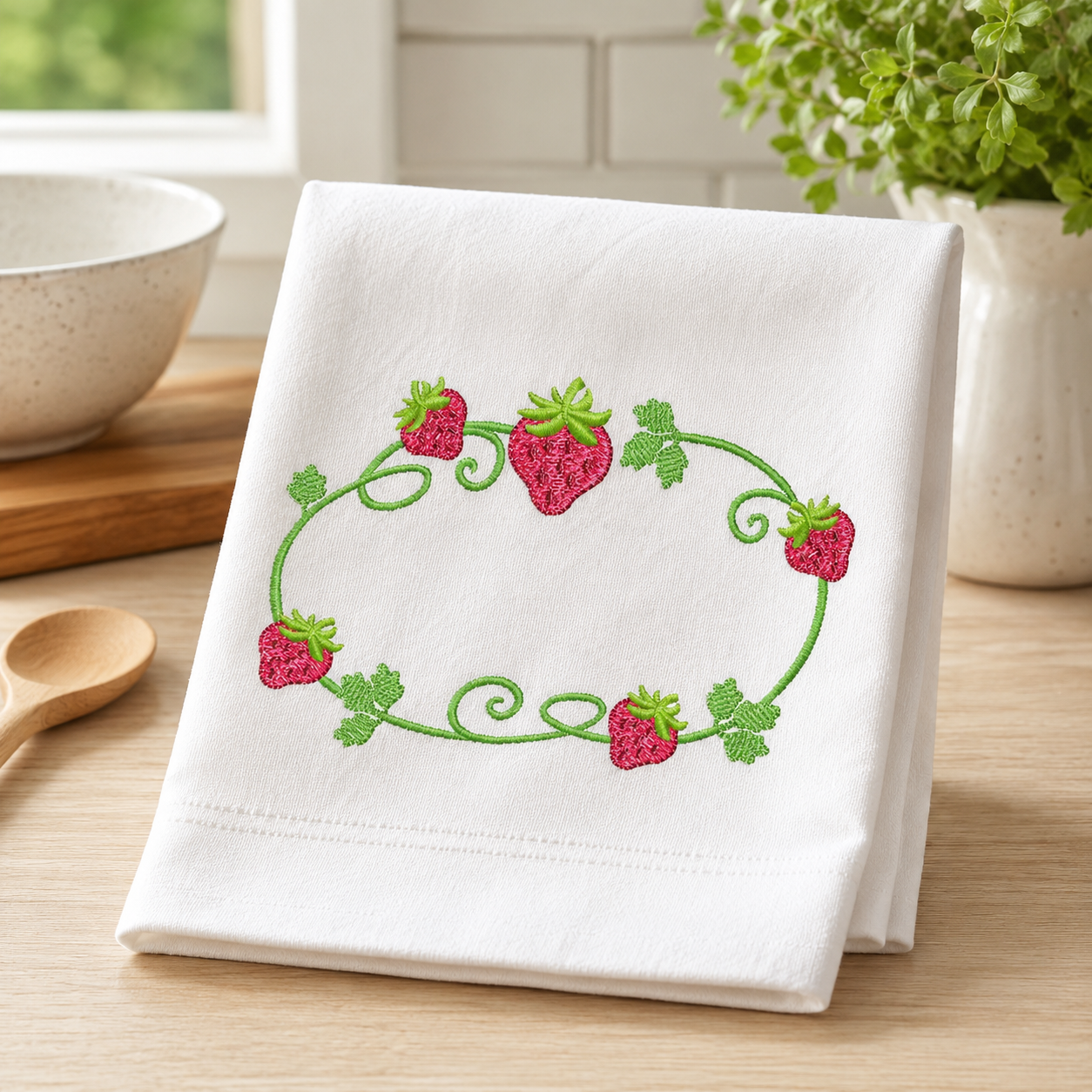 Strawberry Monogram Frame embroidery design - Flower and Strawberry Wreath machine embroidery pattern - Floral Kitchen Towel - Instant digital download pes jef dst