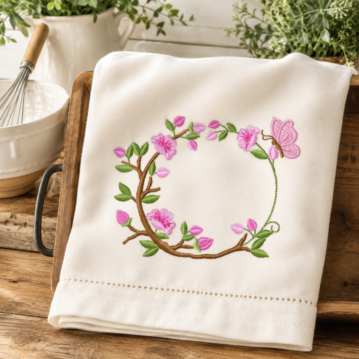Floral Monogram frame embroidery design - Flower and Butterfly machine embroidery pattern - Floral Kitchen Towel - Instant digital download pes jef
