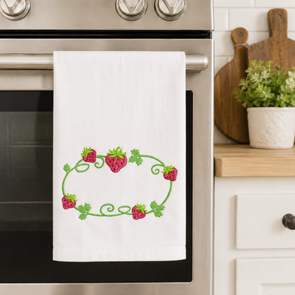 Strawberry Monogram Frame embroidery design - Flower and Strawberry Wreath machine embroidery pattern - Floral Kitchen Towel - Instant digital download pes jef dst
