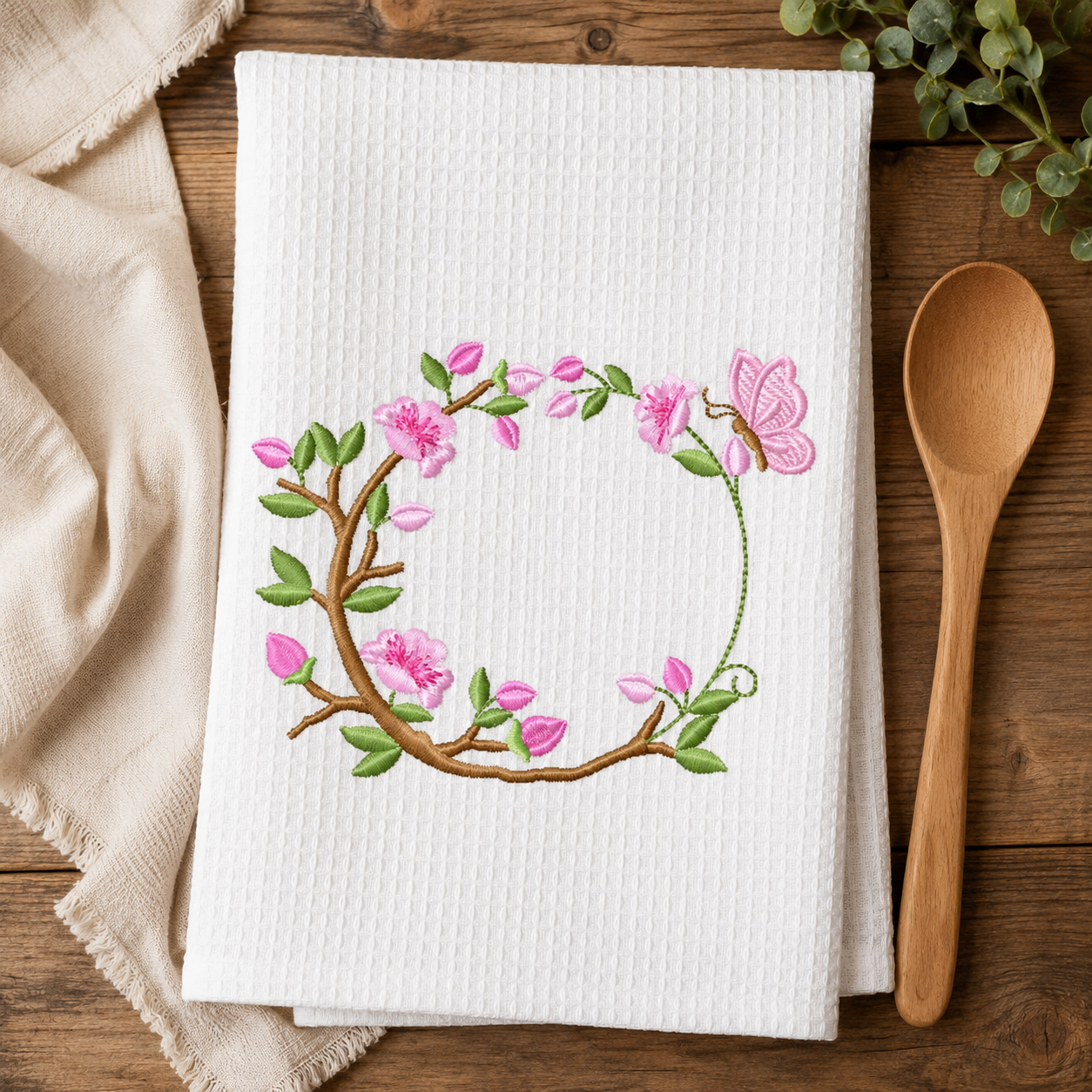 Floral Monogram frame embroidery design - Flower and Butterfly machine embroidery pattern - Floral Kitchen Towel - Instant digital download pes jef