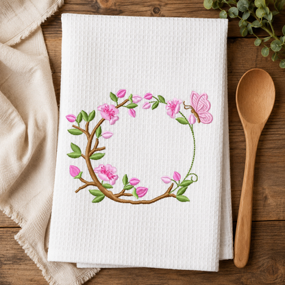 Floral Monogram frame embroidery design - Flower and Butterfly machine embroidery pattern - Floral Kitchen Towel - Instant digital download pes jef