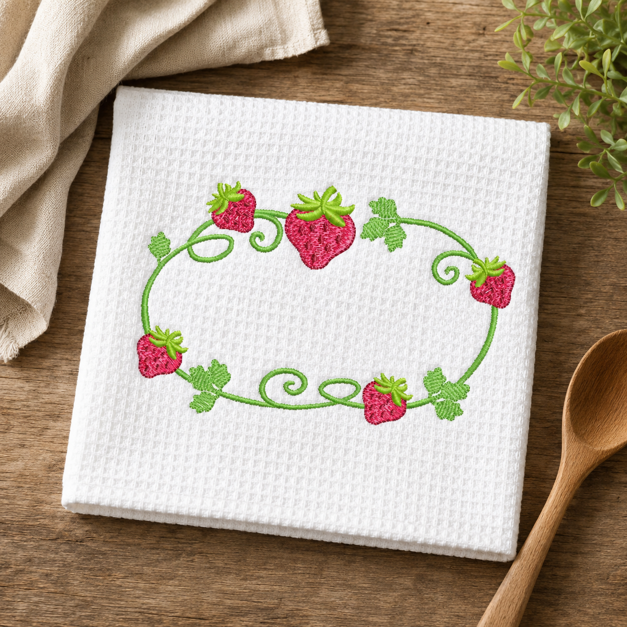 Strawberry Monogram Frame embroidery design - Flower and Strawberry Wreath machine embroidery pattern - Floral Kitchen Towel - Instant digital download pes jef dst