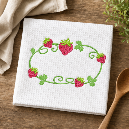 Strawberry Monogram Frame embroidery design - Flower and Strawberry Wreath machine embroidery pattern - Floral Kitchen Towel - Instant digital download pes jef dst