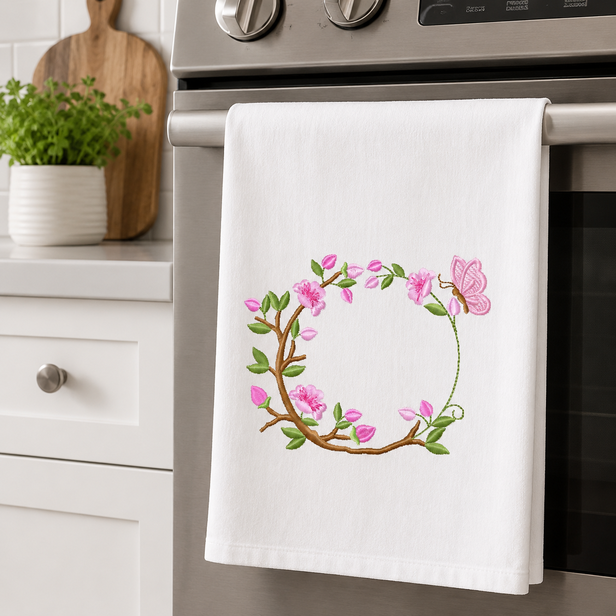 Floral Monogram frame embroidery design - Flower and Butterfly machine embroidery pattern - Floral Kitchen Towel - Instant digital download pes jef