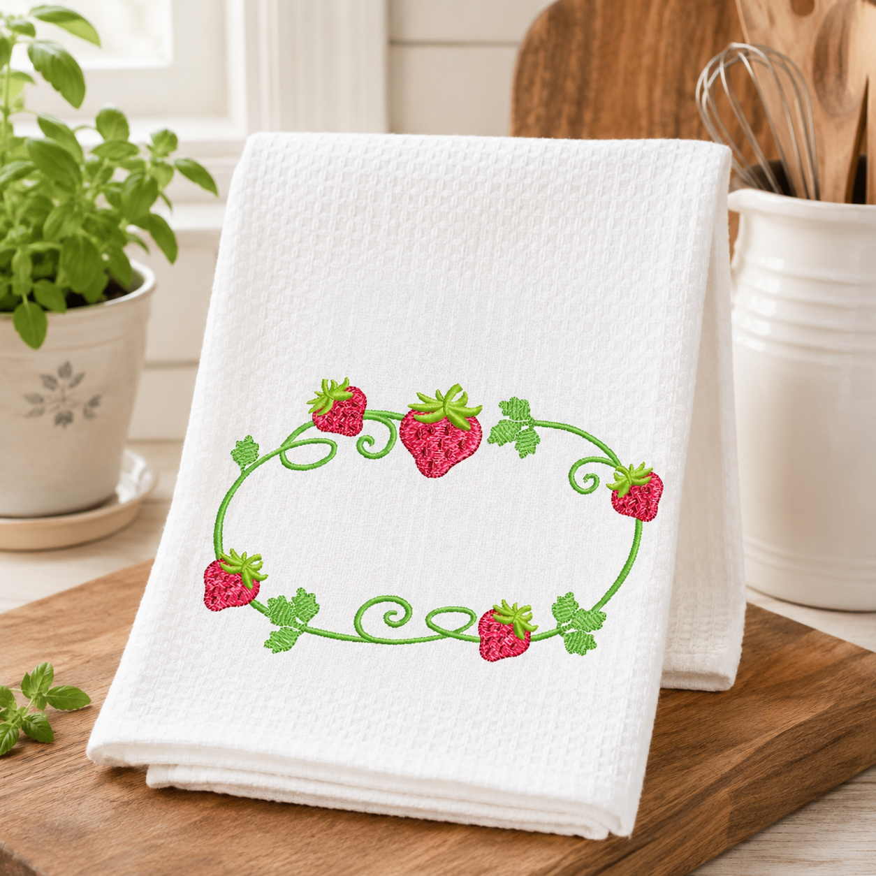 Strawberry Monogram Frame embroidery design - Flower and Strawberry Wreath machine embroidery pattern - Floral Kitchen Towel - Instant digital download pes jef dst
