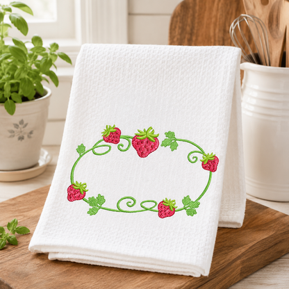 Strawberry Monogram Frame embroidery design - Flower and Strawberry Wreath machine embroidery pattern - Floral Kitchen Towel - Instant digital download pes jef dst