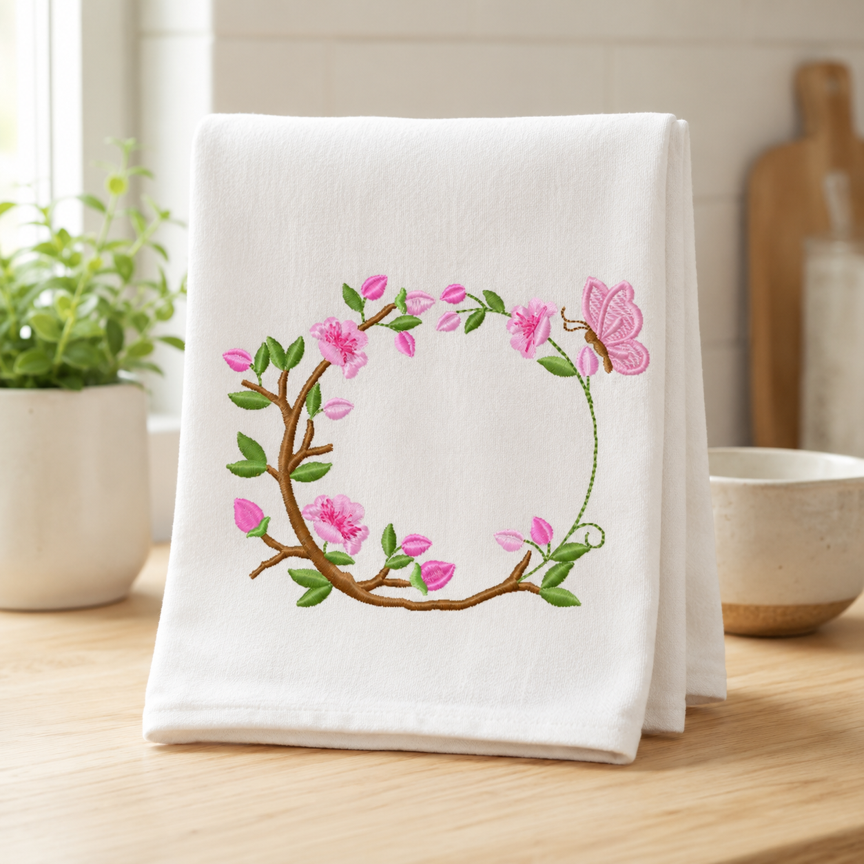 Floral Monogram frame embroidery design - Flower and Butterfly machine embroidery pattern - Floral Kitchen Towel - Instant digital download pes jef