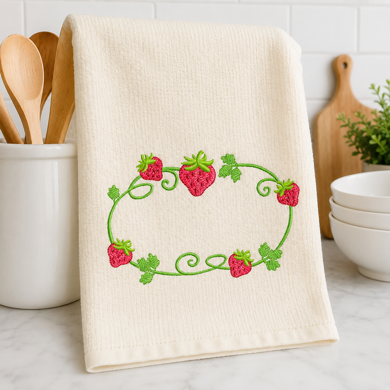 Strawberry Monogram Frame embroidery design - Flower and Strawberry Wreath machine embroidery pattern - Floral Kitchen Towel - Instant digital download pes jef dst