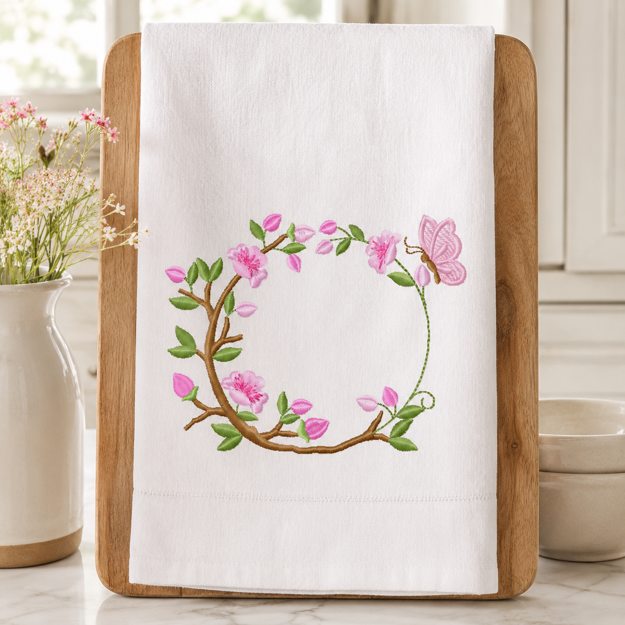 Floral Monogram frame embroidery design - Flower and Butterfly machine embroidery pattern - Floral Kitchen Towel - Instant digital download pes jef