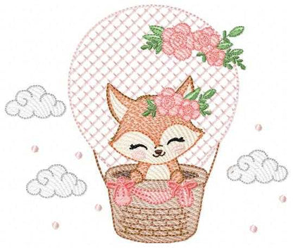Fox with balloon embroidery design - Woodland animal with flowers machine embroidery pattern - Baby girl and boy file - Instant download pes jef dst hus