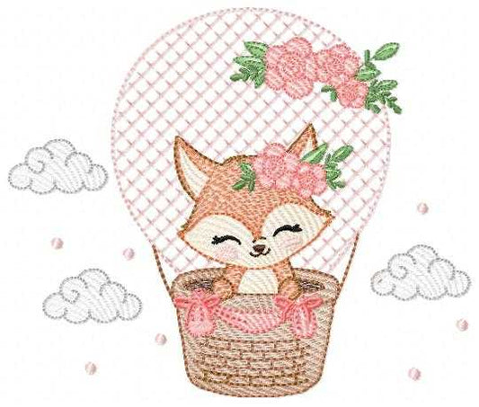 Fox with balloon embroidery design - Woodland animal with flowers machine embroidery pattern - Baby girl and boy file - Instant download pes jef dst hus