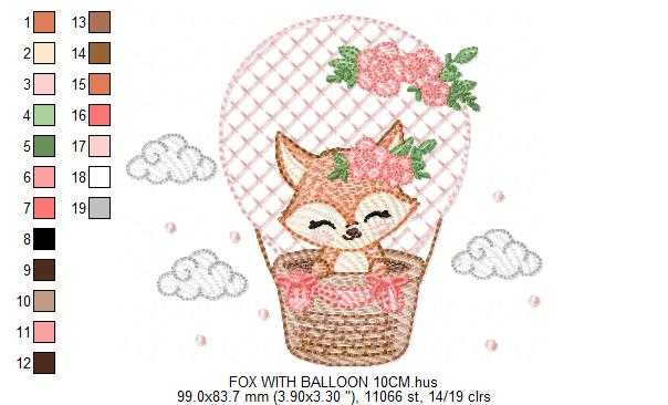 Fox with balloon embroidery design - Woodland animal with flowers machine embroidery pattern - Baby girl and boy file - Instant download pes jef dst hus