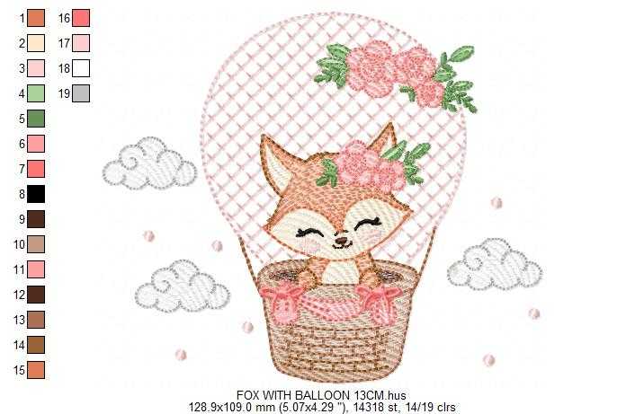 Fox with balloon embroidery design - Woodland animal with flowers machine embroidery pattern - Baby girl and boy file - Instant download pes jef dst hus