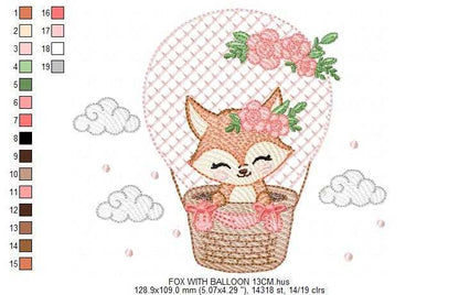 Fox with balloon embroidery design - Woodland animal with flowers machine embroidery pattern - Baby girl and boy file - Instant download pes jef dst hus