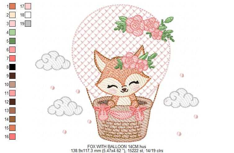 Fox with balloon embroidery design - Woodland animal with flowers machine embroidery pattern - Baby girl and boy file - Instant download pes jef dst hus