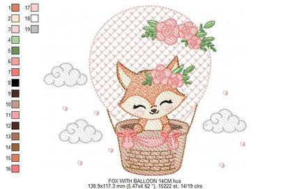 Fox with balloon embroidery design - Woodland animal with flowers machine embroidery pattern - Baby girl and boy file - Instant download pes jef dst hus