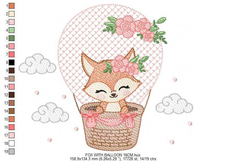 Fox with balloon embroidery design - Woodland animal with flowers machine embroidery pattern - Baby girl and boy file - Instant download pes jef dst hus