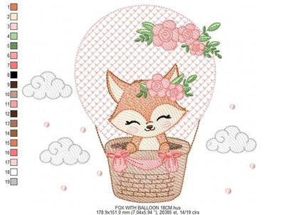 Fox with balloon embroidery design - Woodland animal with flowers machine embroidery pattern - Baby girl and boy file - Instant download pes jef dst hus