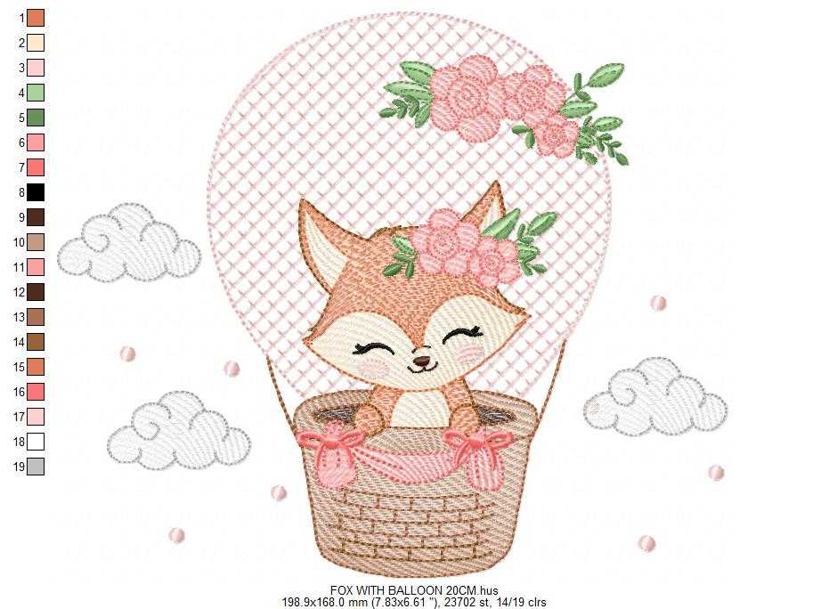 Fox with balloon embroidery design - Woodland animal with flowers machine embroidery pattern - Baby girl and boy file - Instant download pes jef dst hus