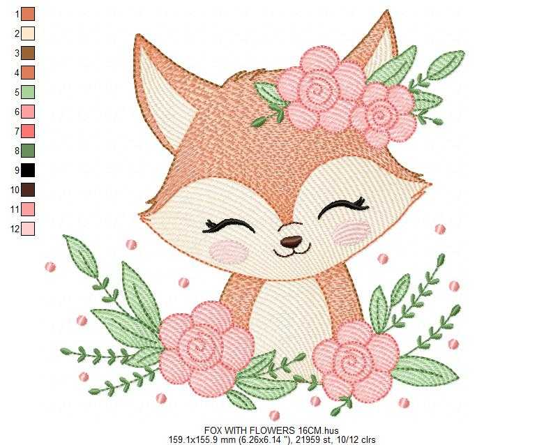 Fox with flowers embroidery designs - Woodland animal machine embroidery pattern - Baby girl and boy file - Instant download pes jef dst hus (Copy) Marcia Embroidery
