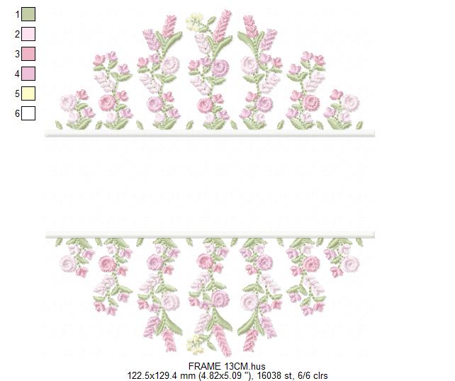 Floral frame embroidery design - Flower Frame with splir for name machine embroidery pattern - Floral bouquet Kitchen Towel - Instant digital download pes jef