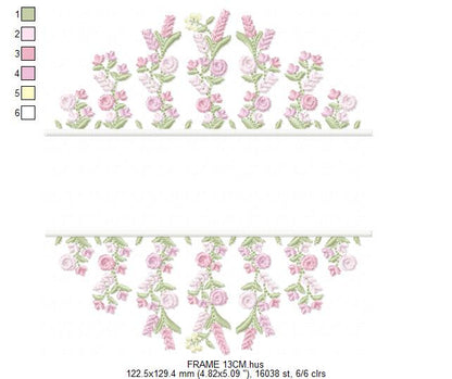 Floral frame embroidery design - Flower Frame with splir for name machine embroidery pattern - Floral bouquet Kitchen Towel - Instant digital download pes jef