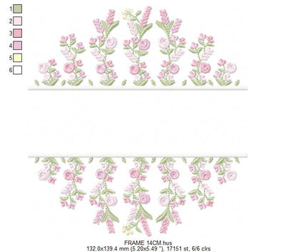 Floral frame embroidery design - Flower Frame with splir for name machine embroidery pattern - Floral bouquet Kitchen Towel - Instant digital download pes jef
