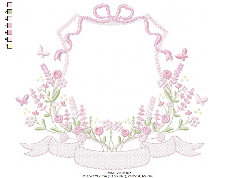 Floral frame embroidery design - Flower Frame with banner machine embroidery pattern - Floral bouquet Kitchen Towel - Instant digital download pes jef