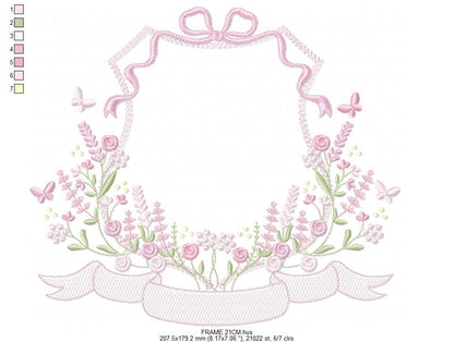 Floral frame embroidery design - Flower Frame with banner machine embroidery pattern - Floral bouquet Kitchen Towel - Instant digital download pes jef