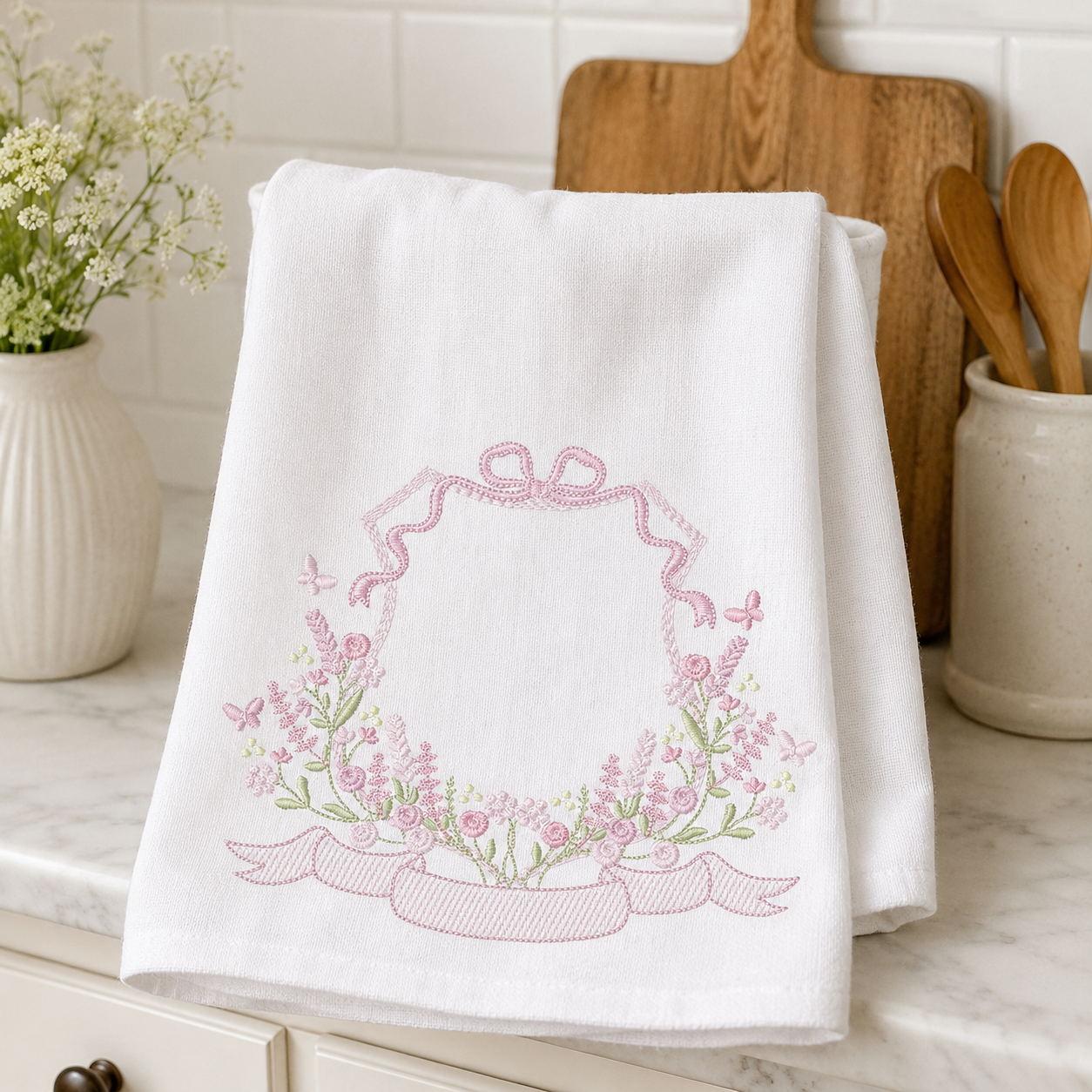 Floral frame embroidery design - Flower Frame with banner machine embroidery pattern - Floral bouquet Kitchen Towel - Instant digital download pes jef