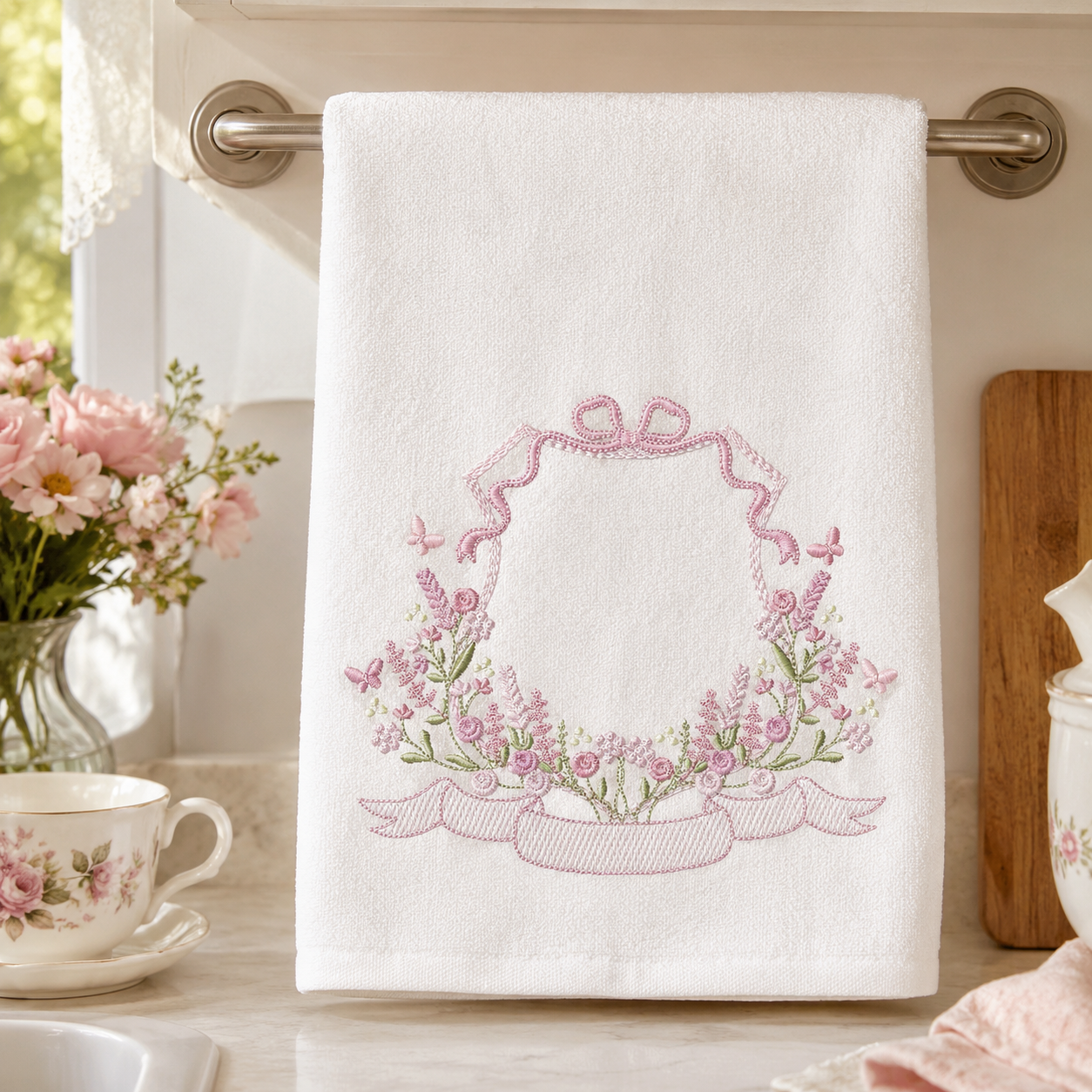 Floral frame embroidery design - Flower Frame with banner machine embroidery pattern - Floral bouquet Kitchen Towel - Instant digital download pes jef