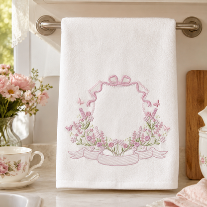 Floral frame embroidery design - Flower Frame with banner machine embroidery pattern - Floral bouquet Kitchen Towel - Instant digital download pes jef