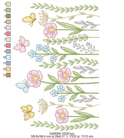 Flower Garden embroidery design - Flower and Butterfly machine embroidery pattern - Floral bouquet Kitchen Towel - Instant digital download pes jef dst