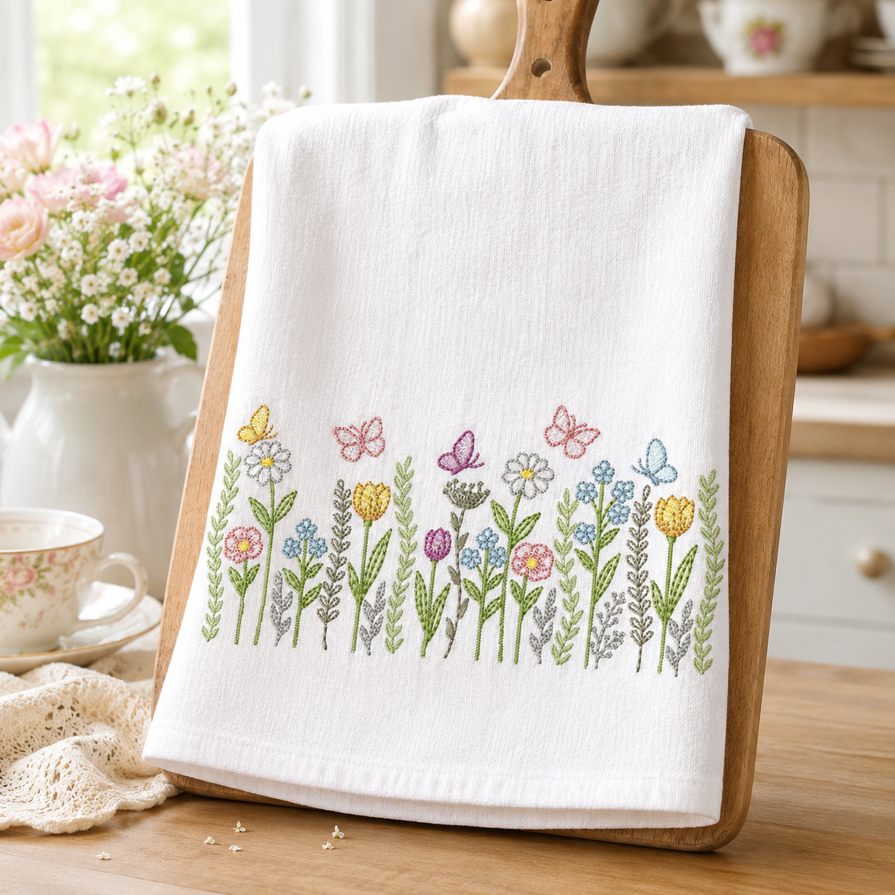 Flower Garden embroidery design - Flower and Butterfly machine embroidery pattern - Floral bouquet Kitchen Towel - Instant digital download pes jef dst