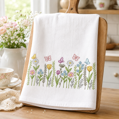 Flower Garden embroidery design - Flower and Butterfly machine embroidery pattern - Floral bouquet Kitchen Towel - Instant digital download pes jef dst