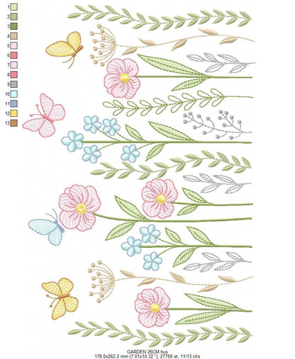 Flower Garden embroidery design - Flower and Butterfly machine embroidery pattern - Floral bouquet Kitchen Towel - Instant digital download pes jef dst